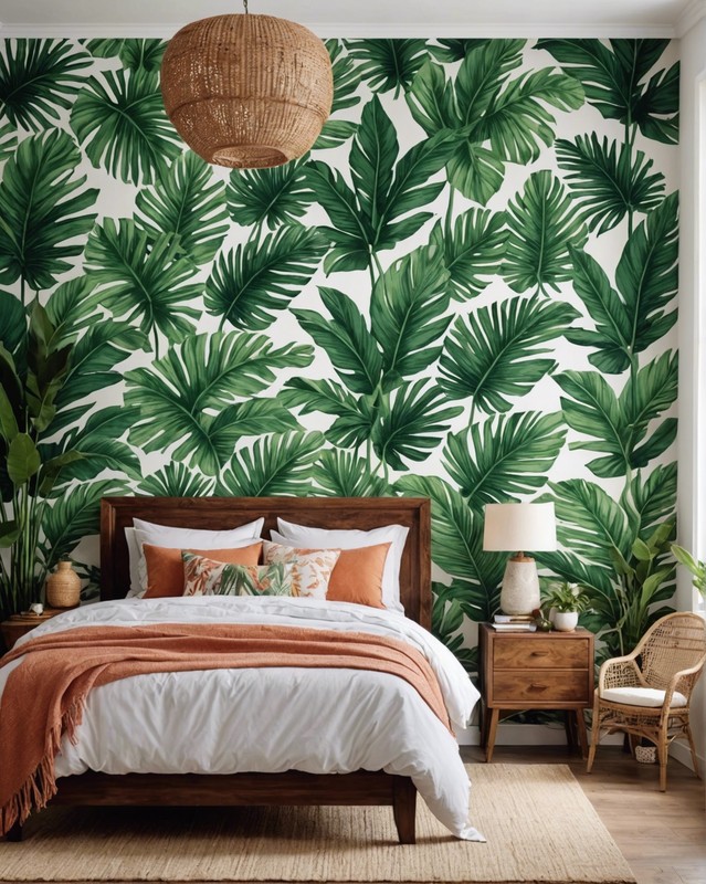 Tropical Boho Bedroom with Palm Leaf Wallpaper