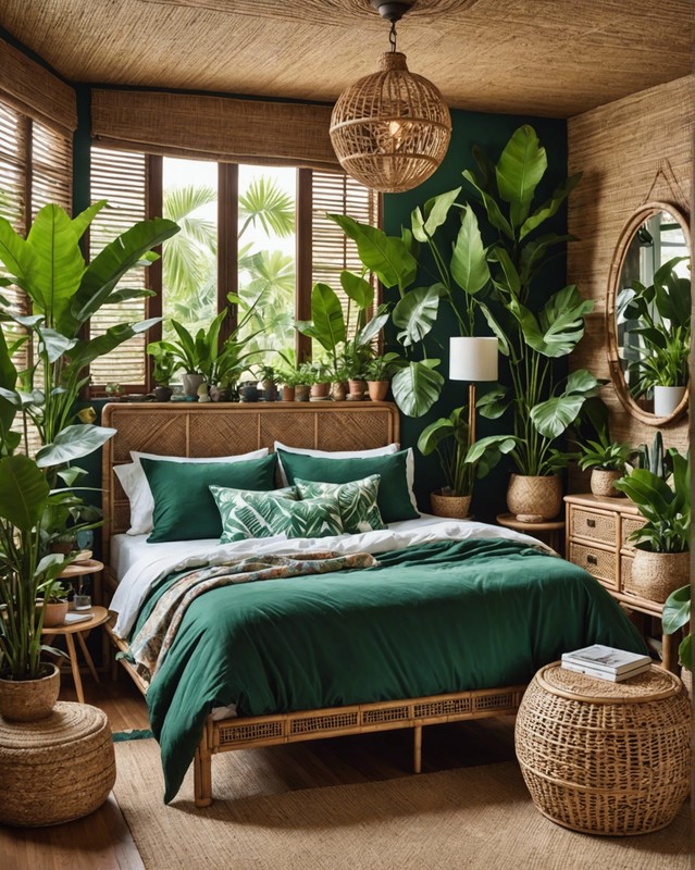 Tropical Boho Bedroom with Rattan Furniture and Lush Greenery
