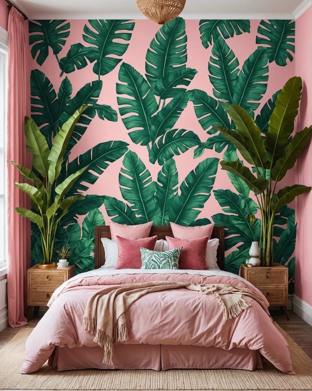 Tropical Pink Boho Bedroom with Banana Leaf Wallpaper