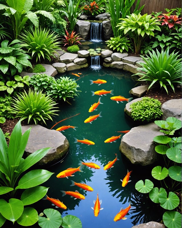 Tropical Pond with exotic plants and vibrant fish