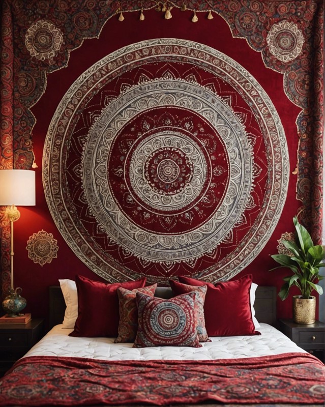 Tufted Red Velvet Headboard with Mandala Tapestry