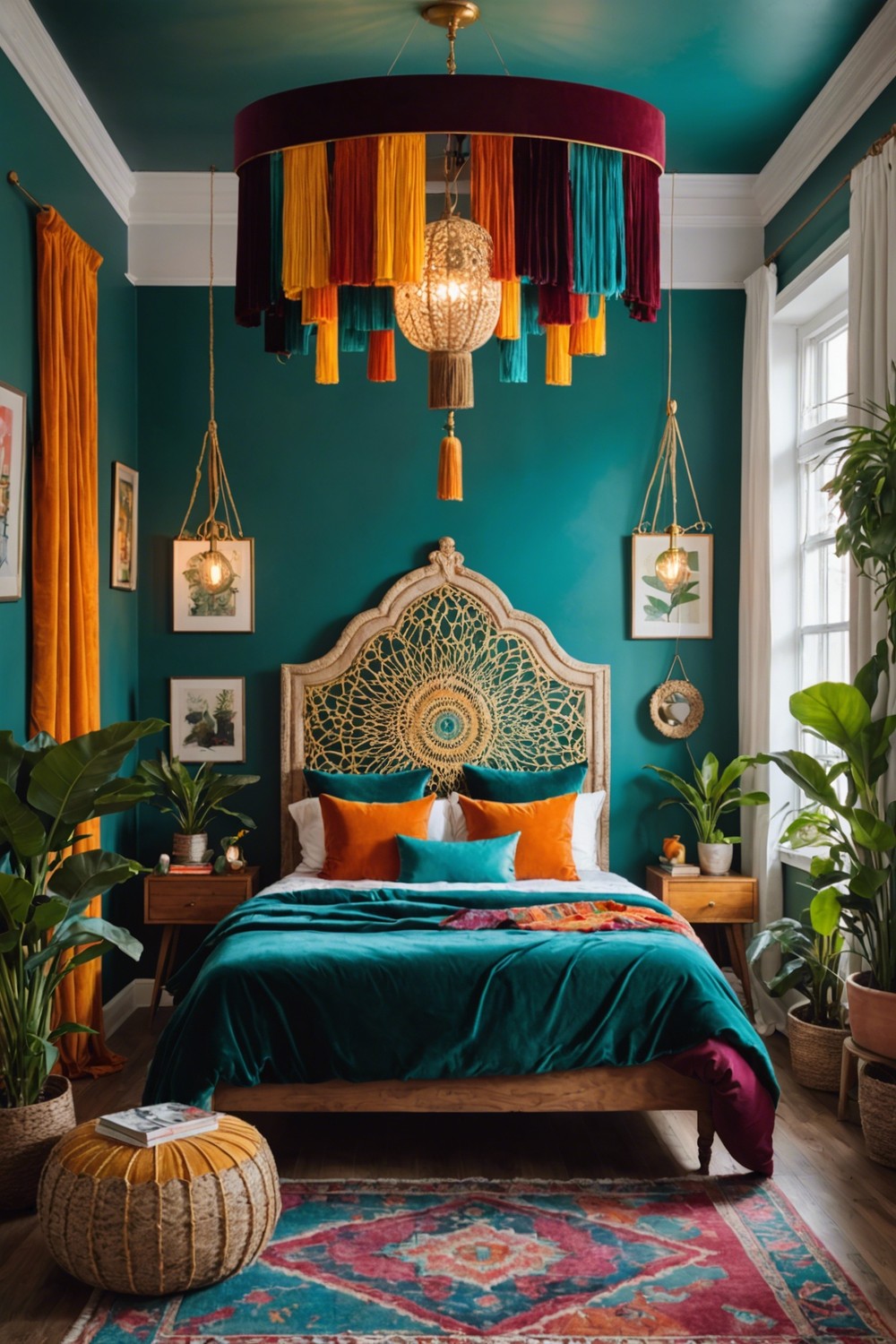 Unconventional Chic: Bohemian Bedroom with Colorful Hanging Lights