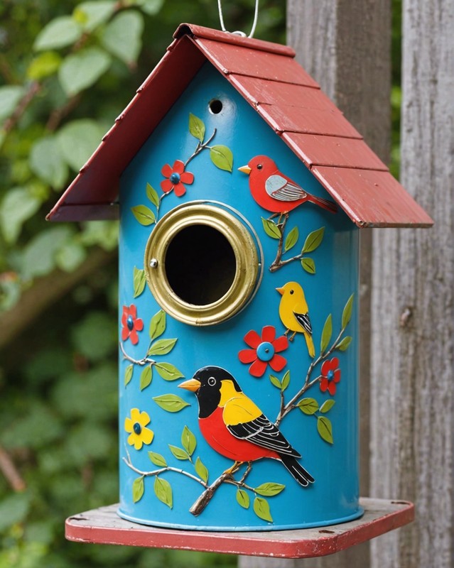 Upcycled Tin Can Birdhouse with Painted Bird Motifs