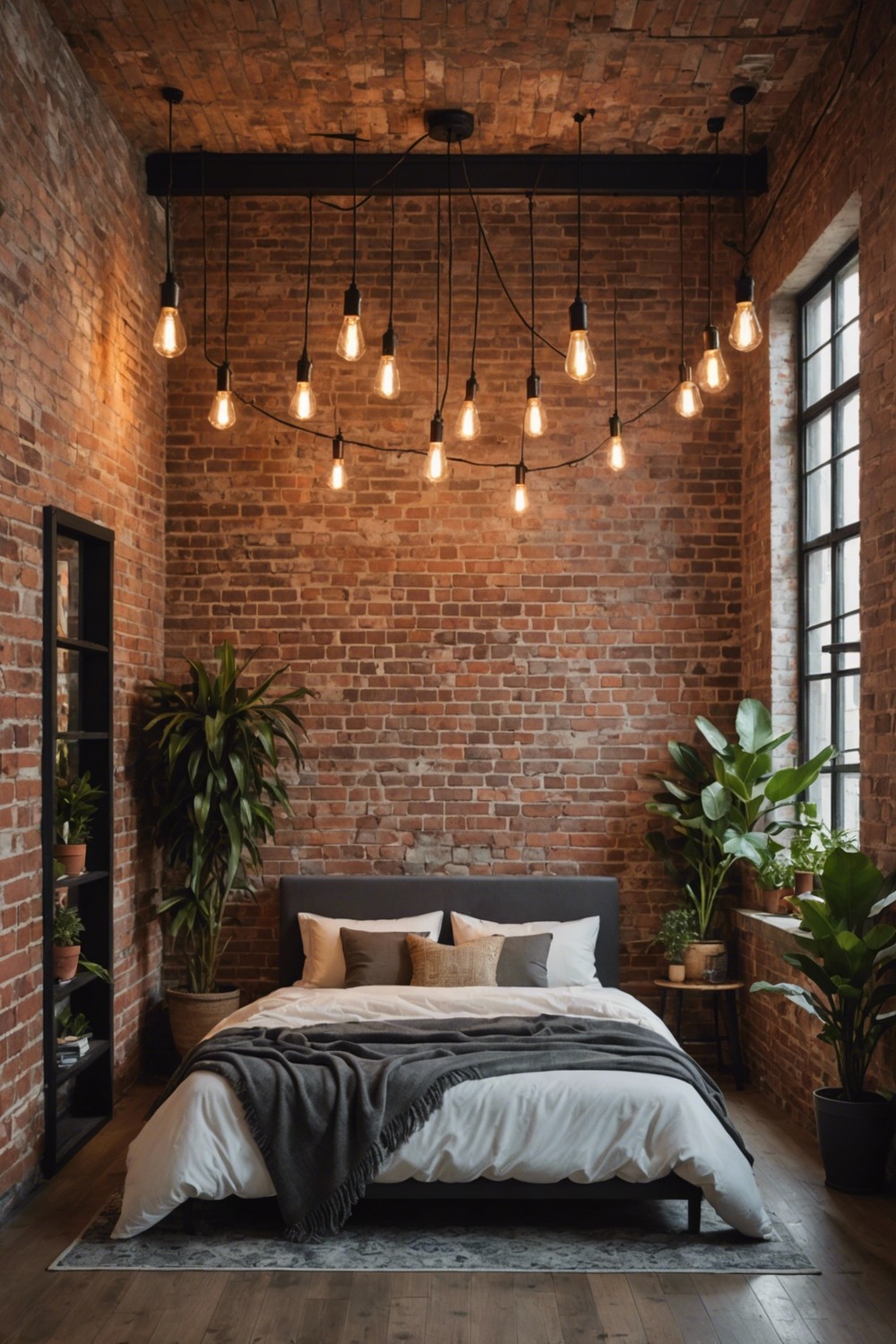 Urban Oasis: Hanging Industrial Lights above a Minimalist Bed