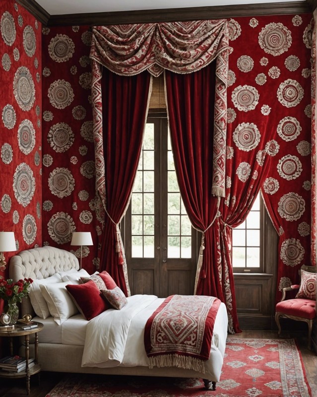 Velvet Drapes with Red and White Pattern