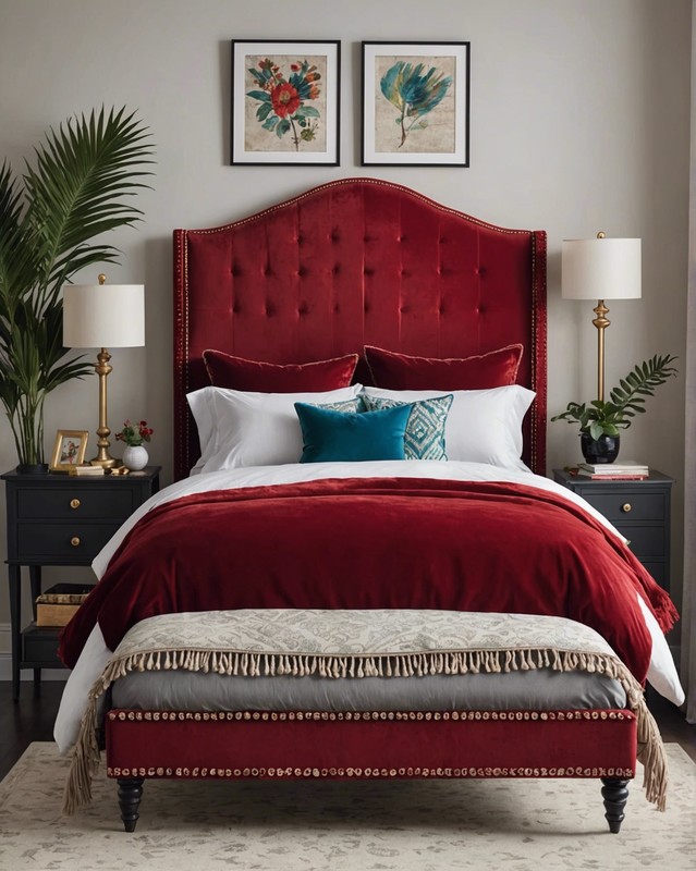 Velvet Upholstered Bed with Fringe Trim