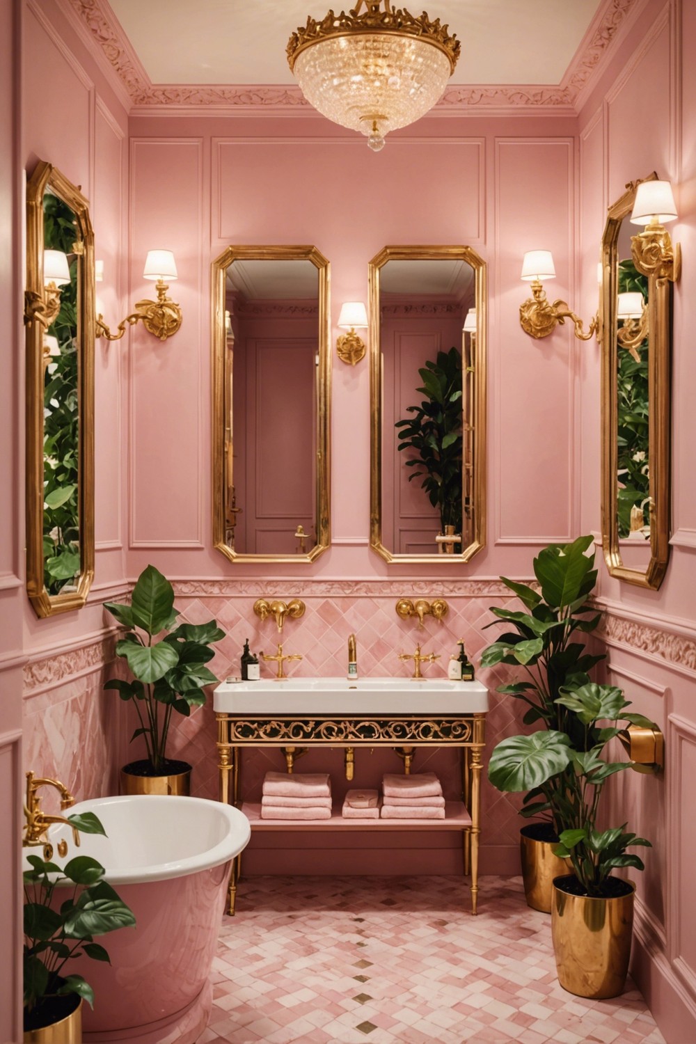 Vintage Chic: Pink Bathroom Decor with Gold Accents