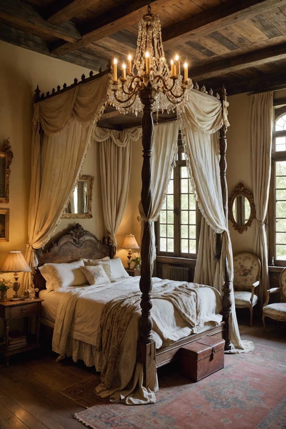 Vintage Flair: Hanging Antique Chandeliers above a Distressed Bed