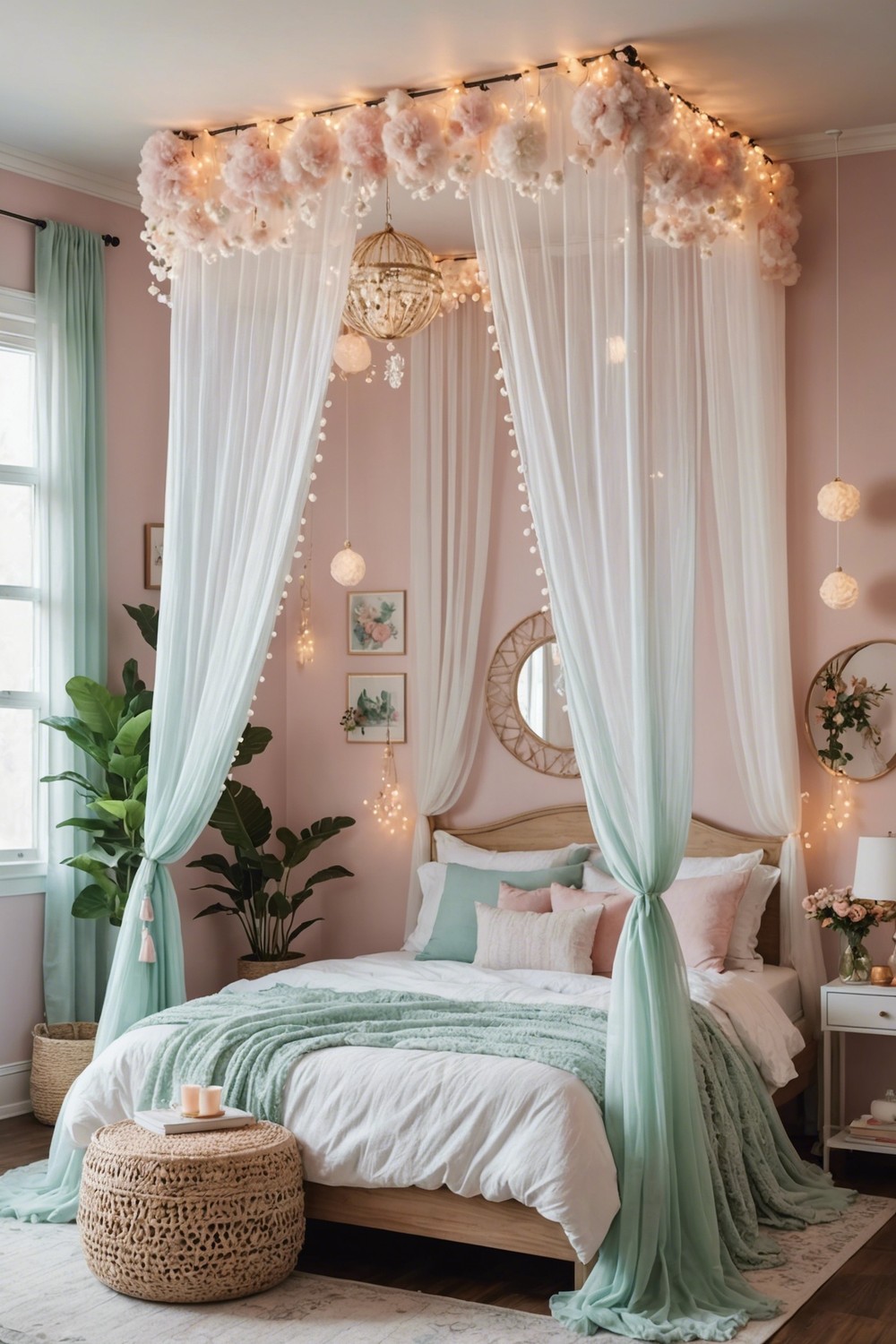 Whimsical Escape: Hanging Pompoms and Fairy Lights in Pastel Hues