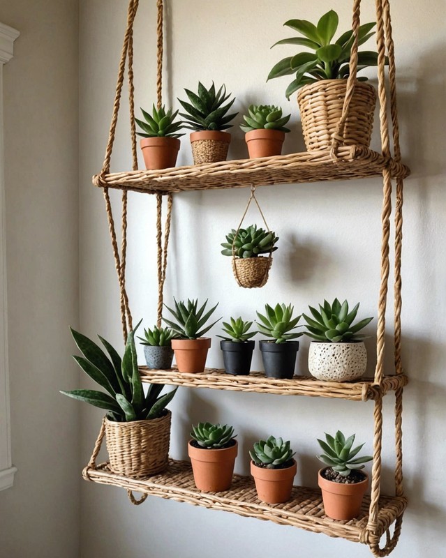 Wicker Shelf with Hanging Succulents