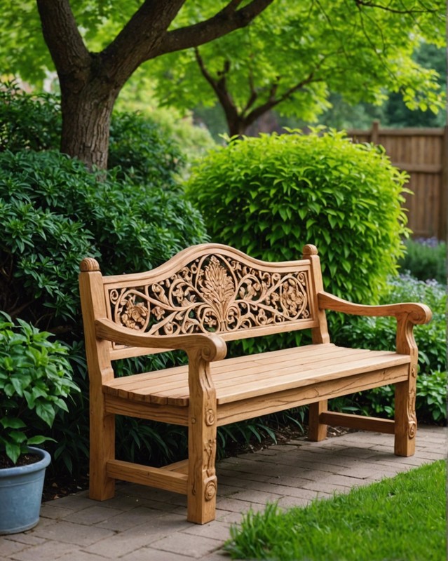 Wooden Bench with Carved Backrest