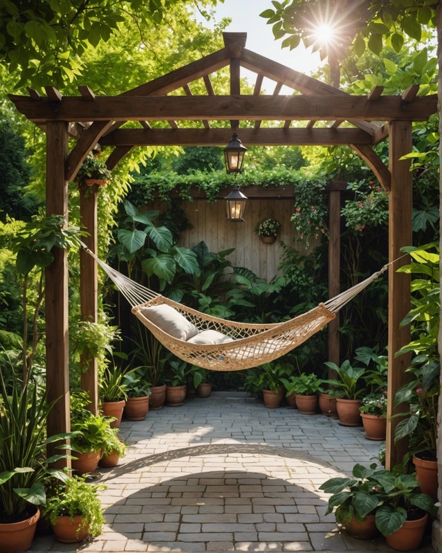 Wooden Gazebo with Hammock and Hanging Plants