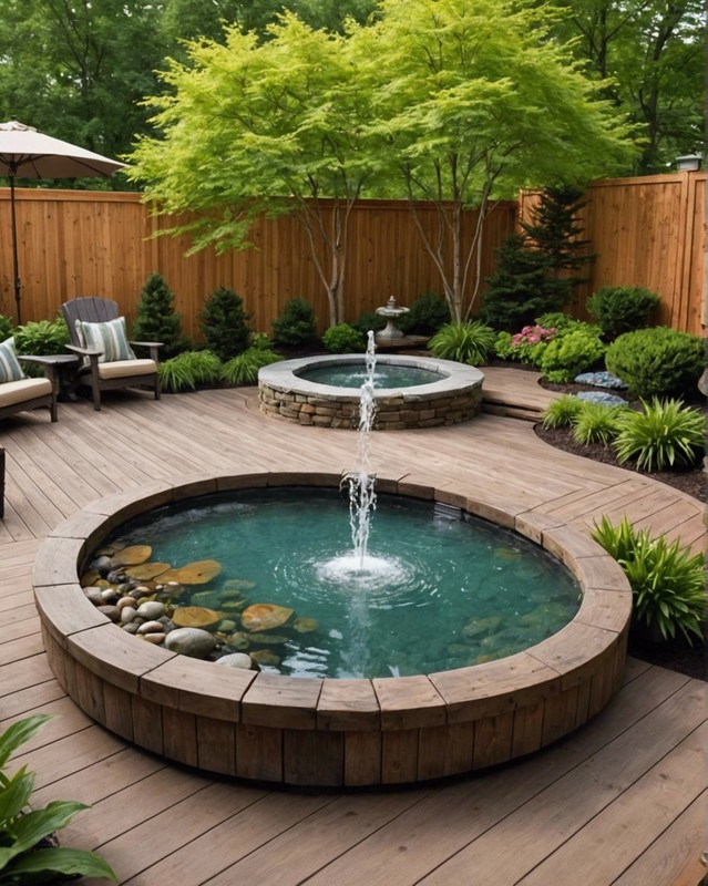 Zen-inspired deck with serene landscaping and a bubbling fountain