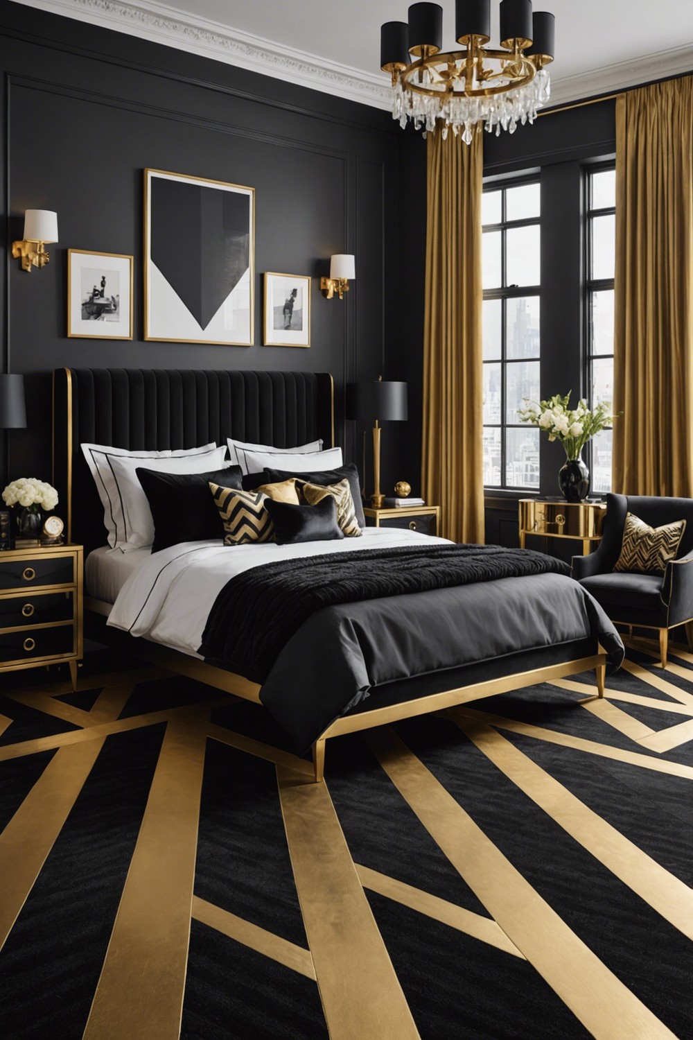 Black and Gold Herringbone Patterned Flooring
