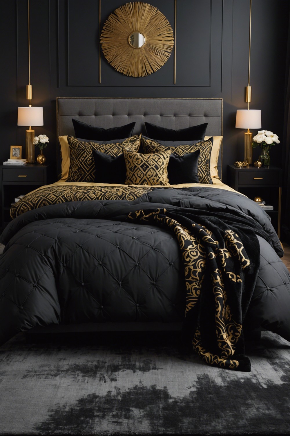 Black and Gold Patterned Throw Pillows