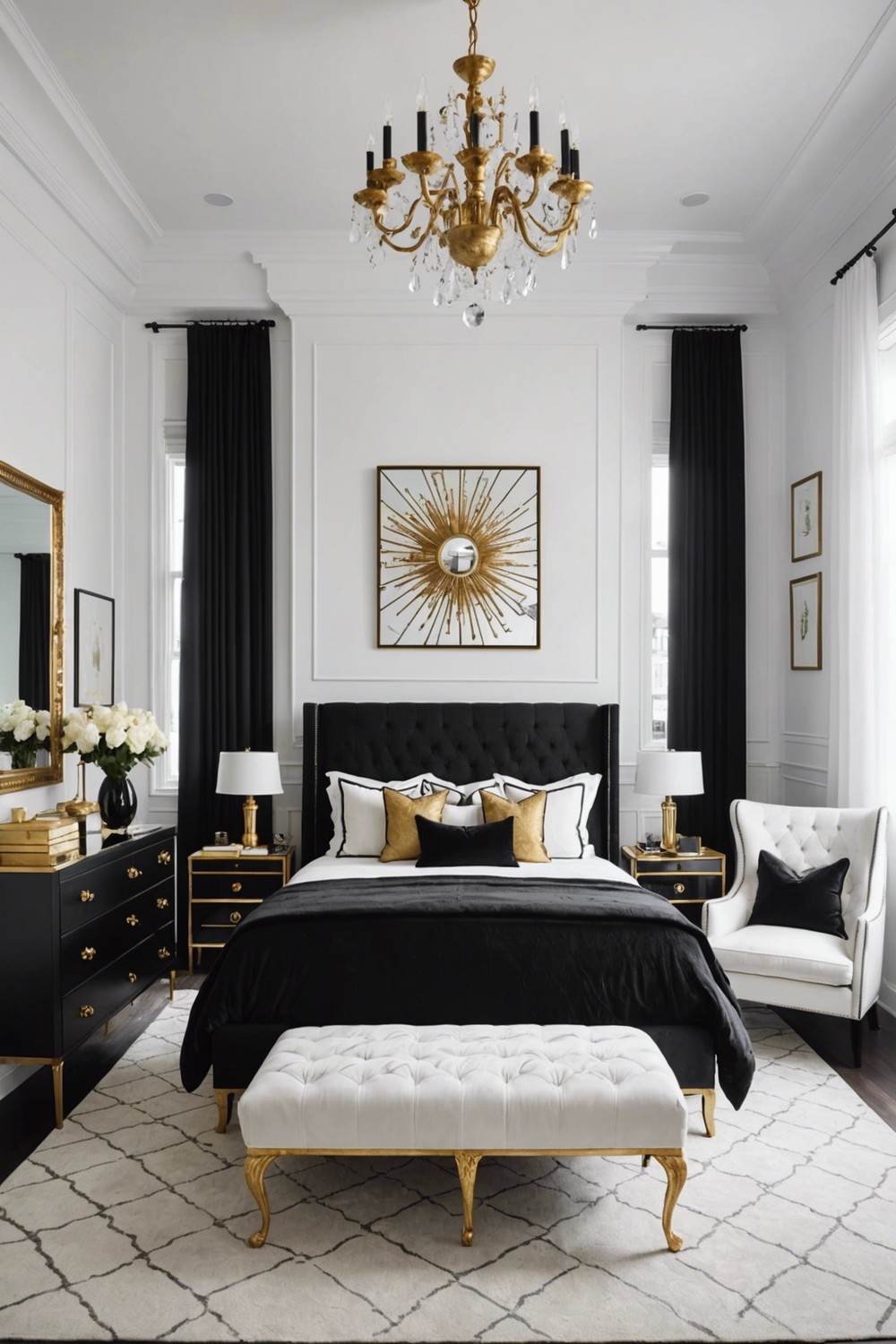Bold Contrast: White Bedroom with Black and Gold Accents