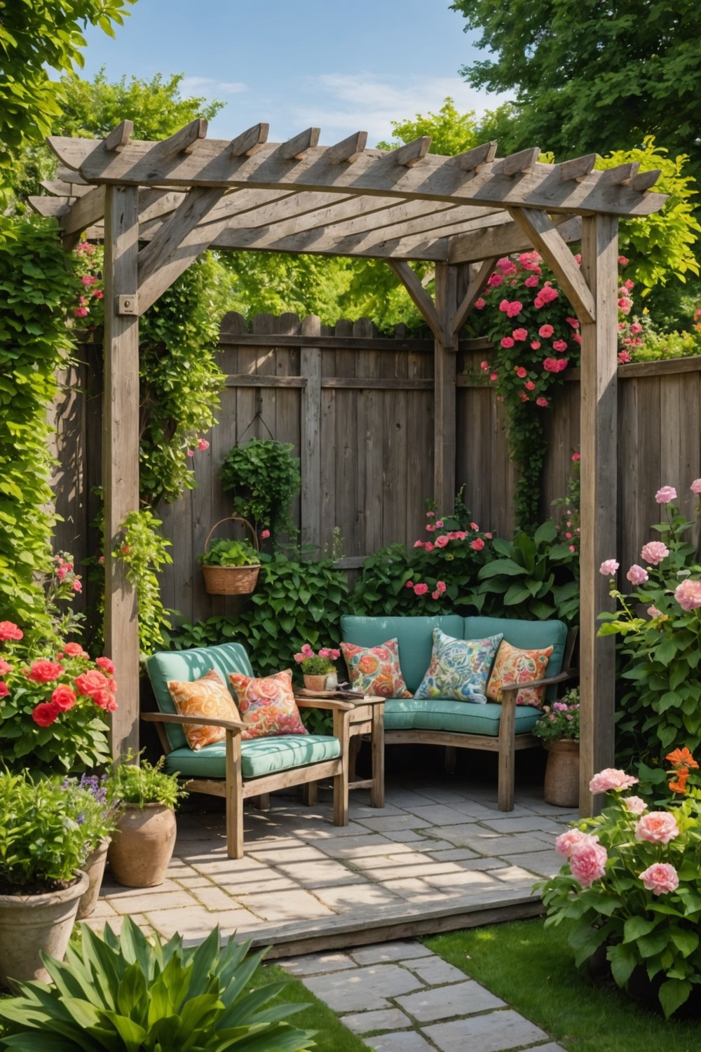 Corner Pergola with Weathered Wood Accents