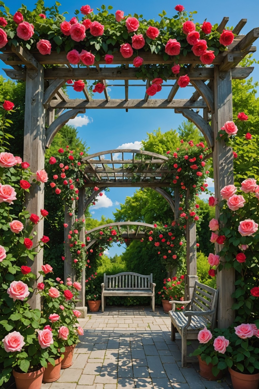 Cottage-Style Pergola with Rose Covered Top