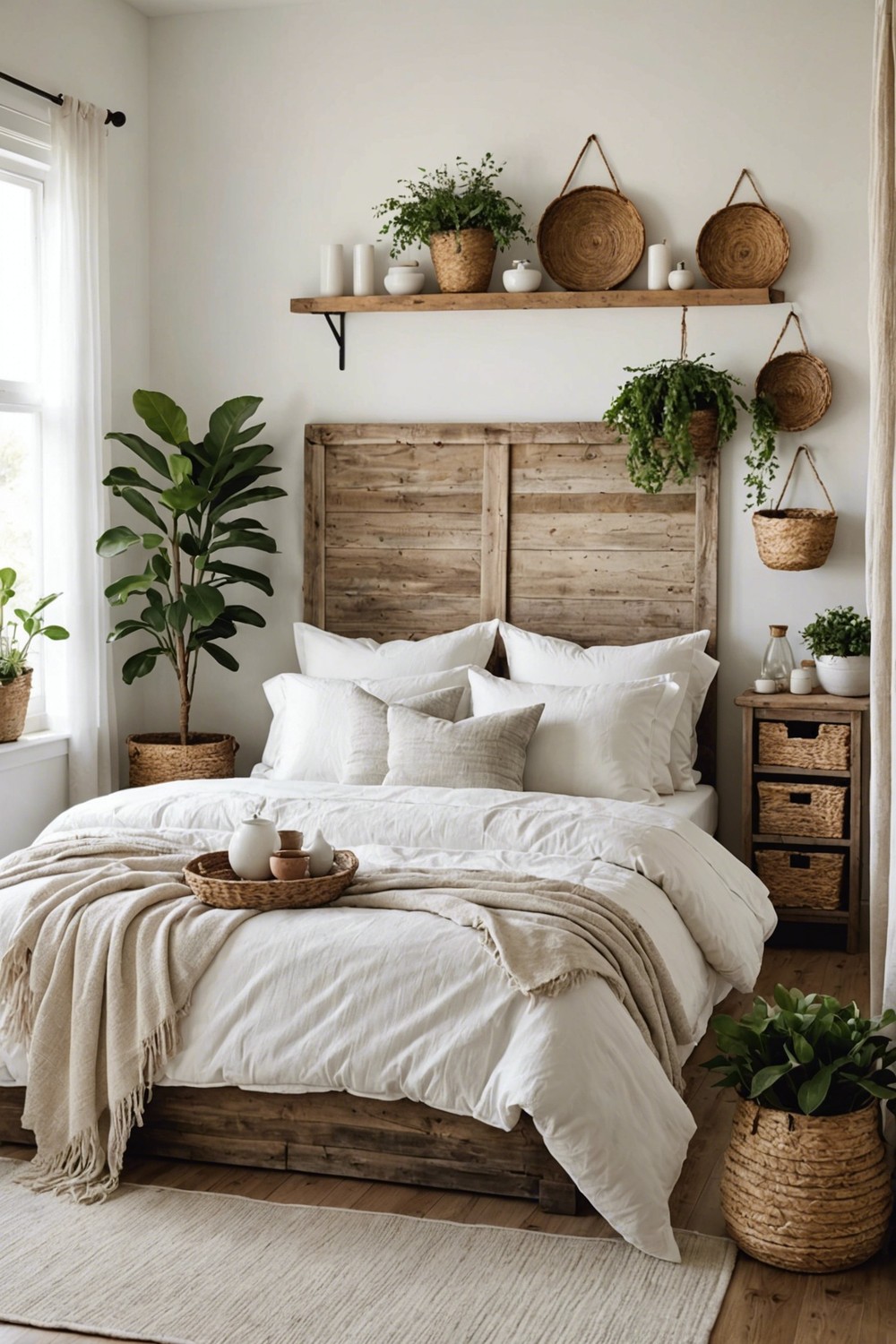Cozy Retreat: Plush White Bedding with Natural Accents