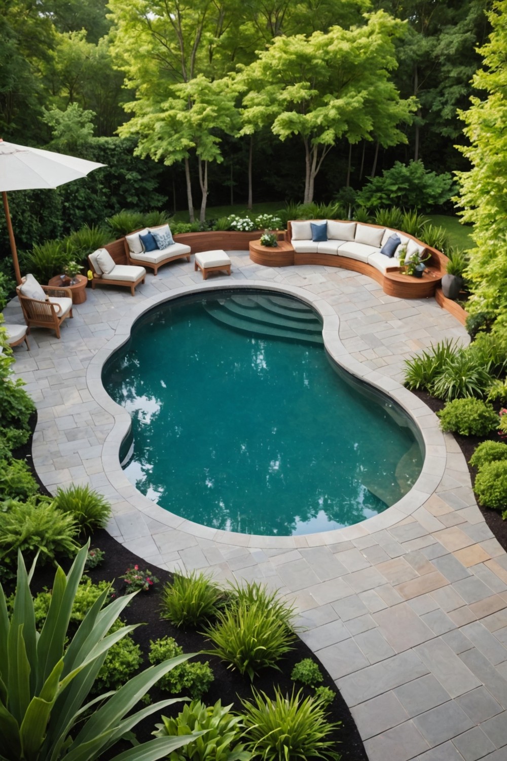 Curved Deck with Built-in Seating and Planters