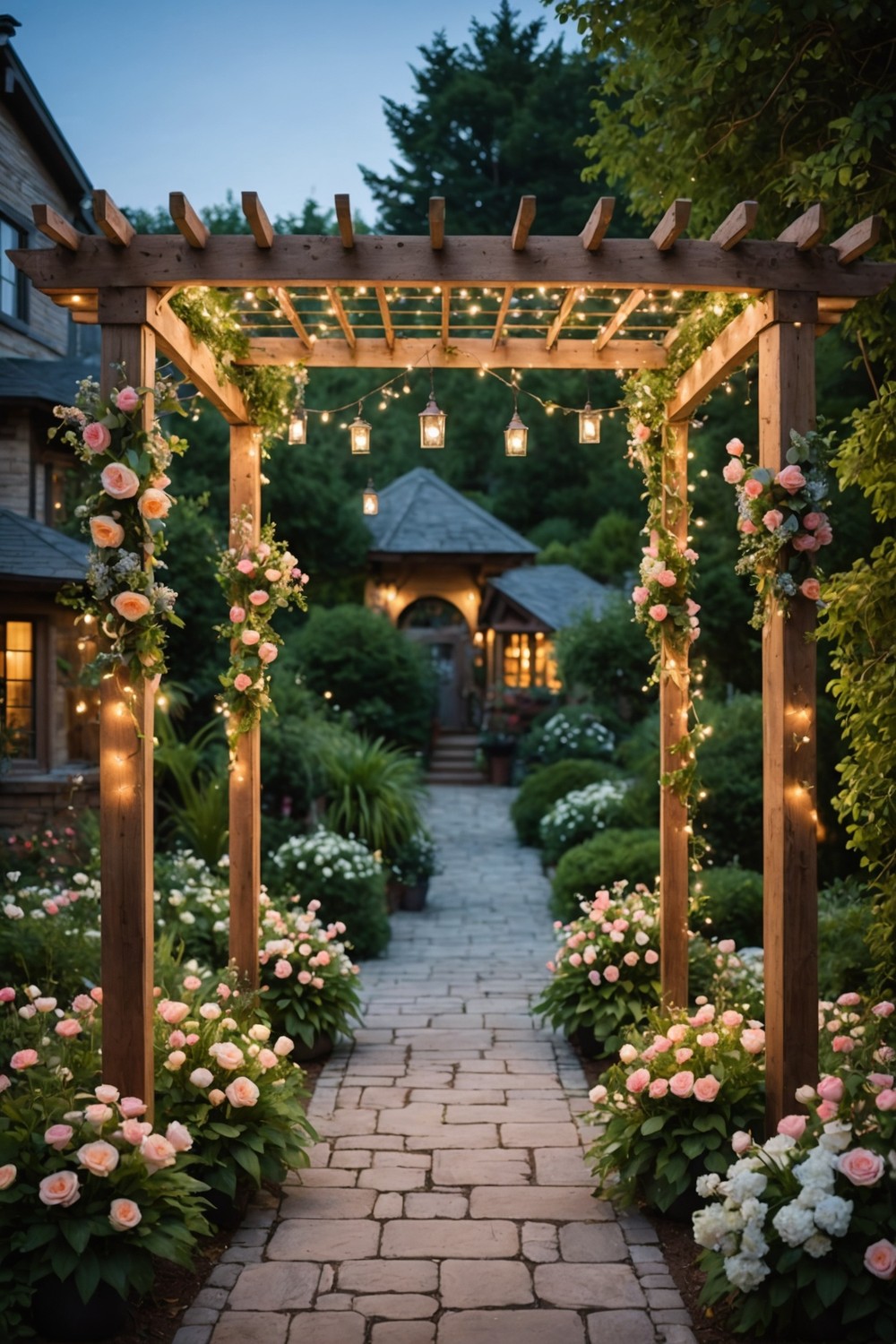 Fairy Light Pergola with Floral Arrangements