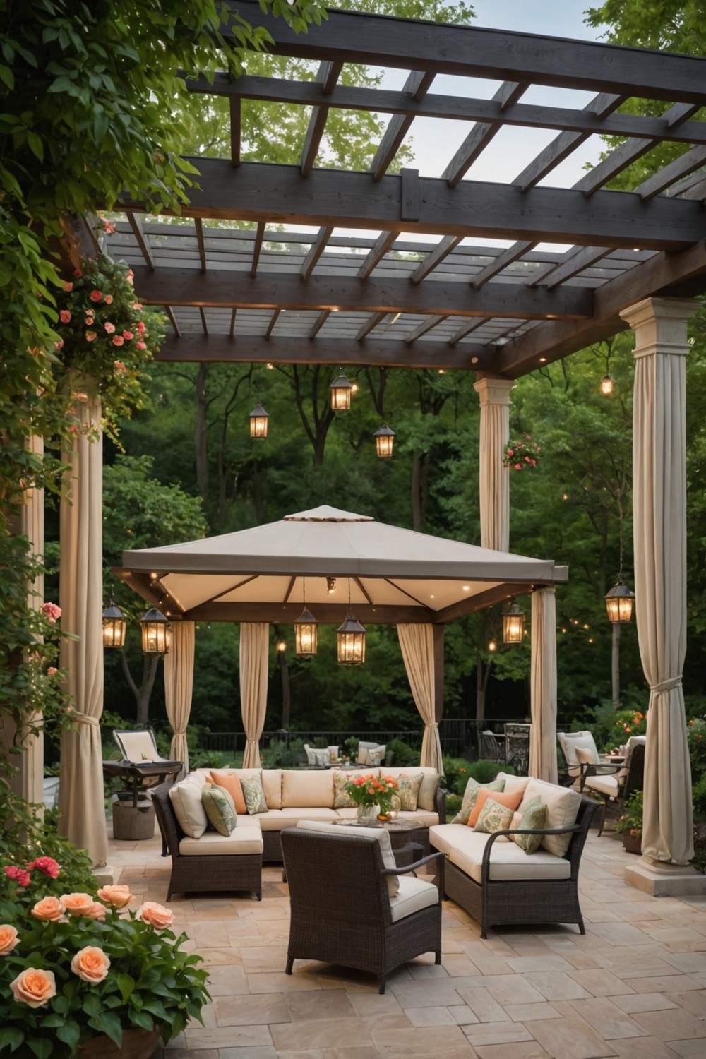 Gazebo-Style Pergola with Screens and Awnings