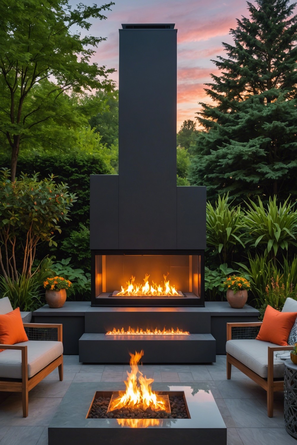 Modern Outdoor Fireplace with LED Lighting
