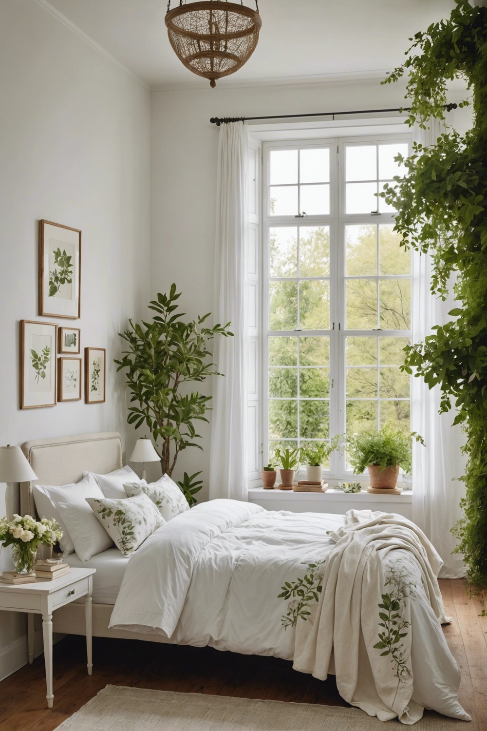 Nature-Inspired: White Bedroom with Botanical Prints