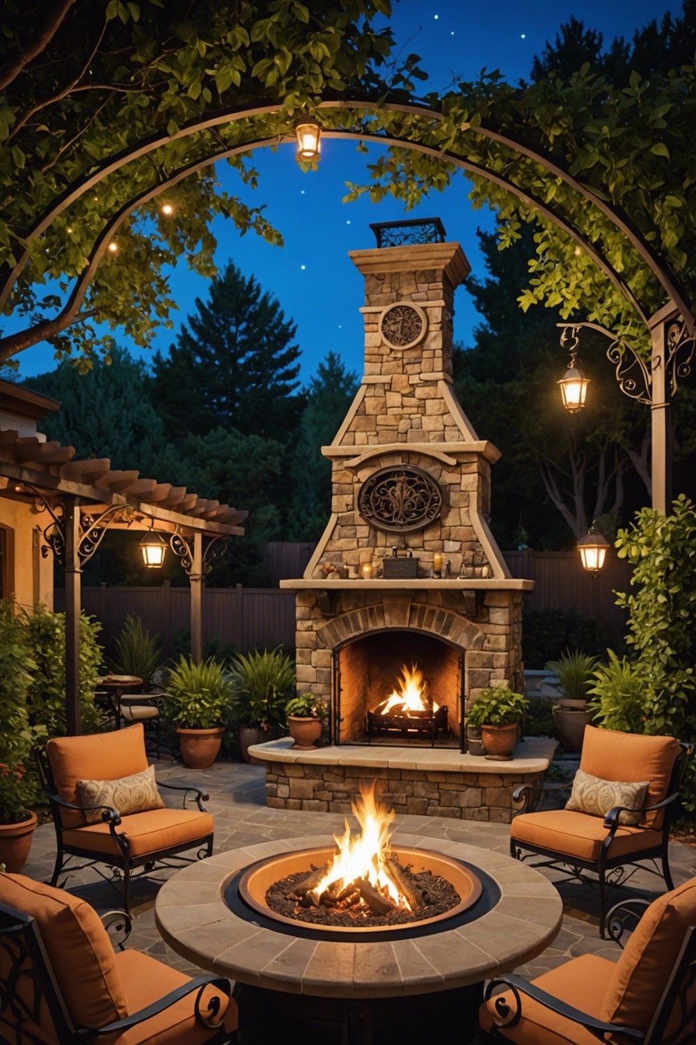 Outdoor Fireplace with Wrought Iron Frame