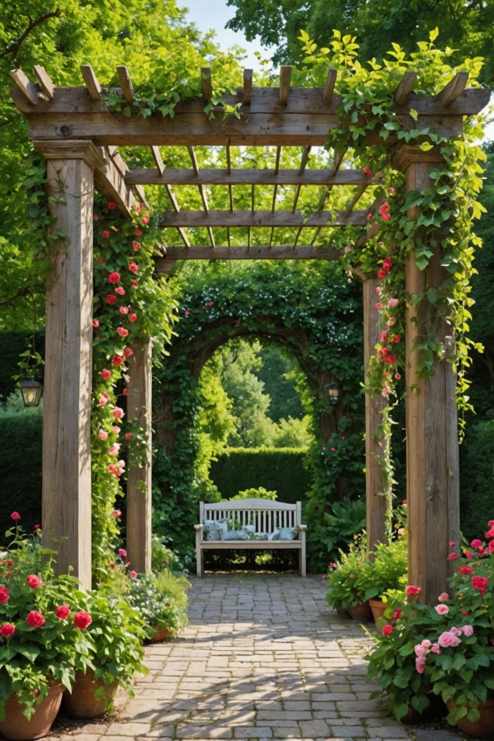 Pergola with Climbing Flowers and Greenery