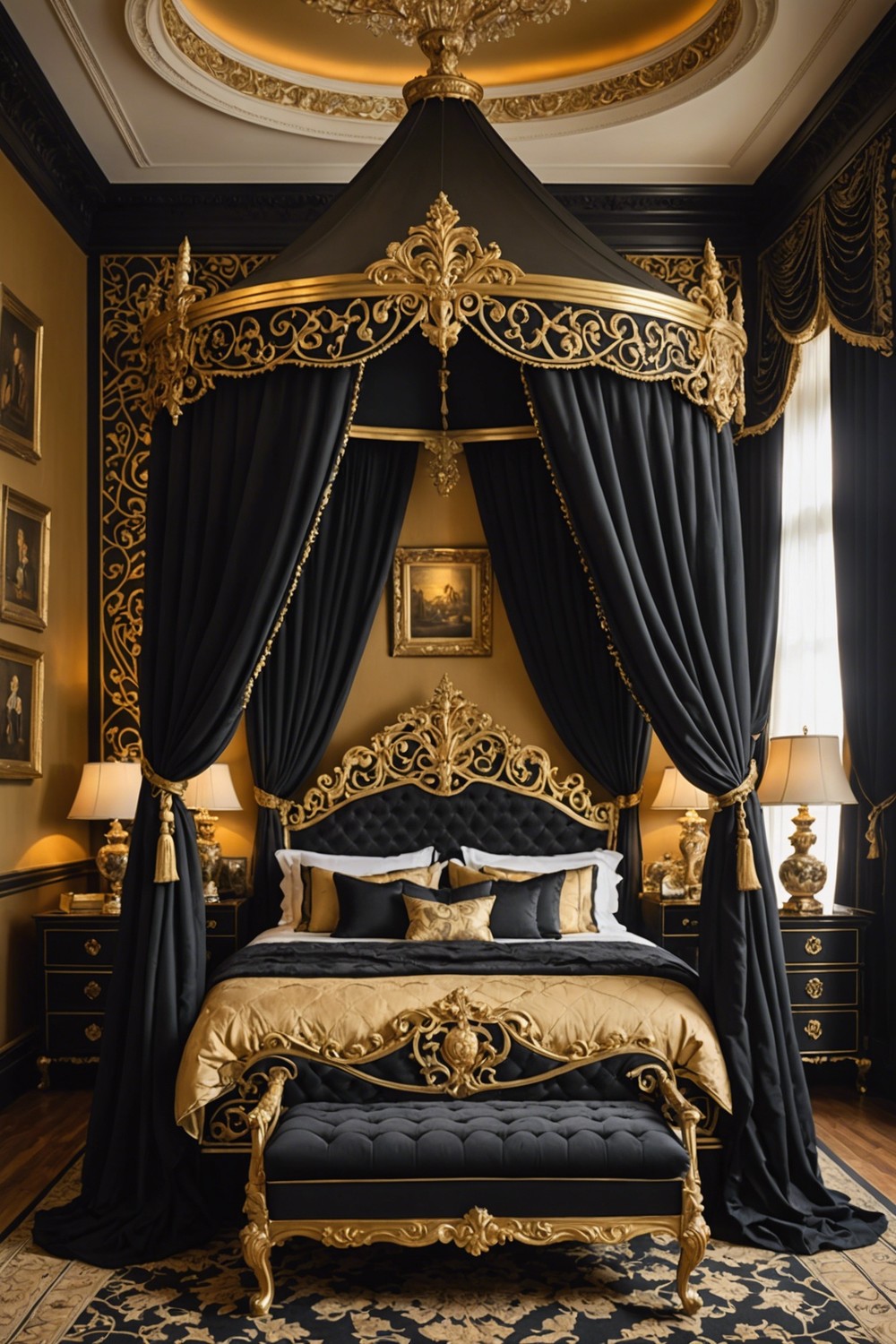 Regal Black and Gold Canopy Bed