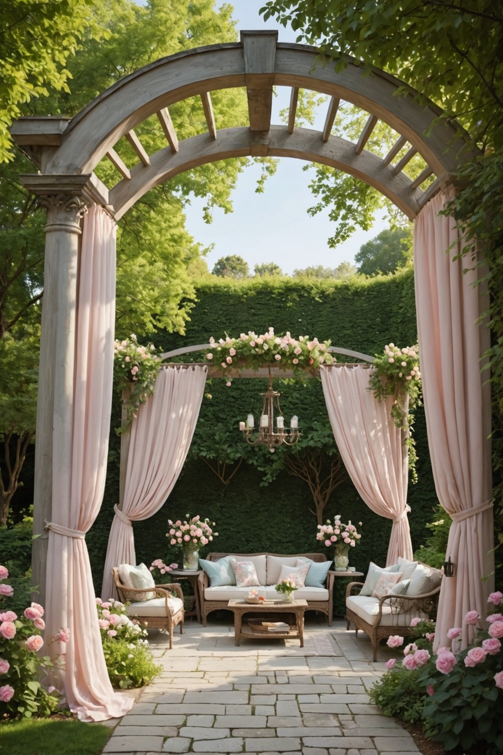 Romantic Arched Pergola with Draped Curtains