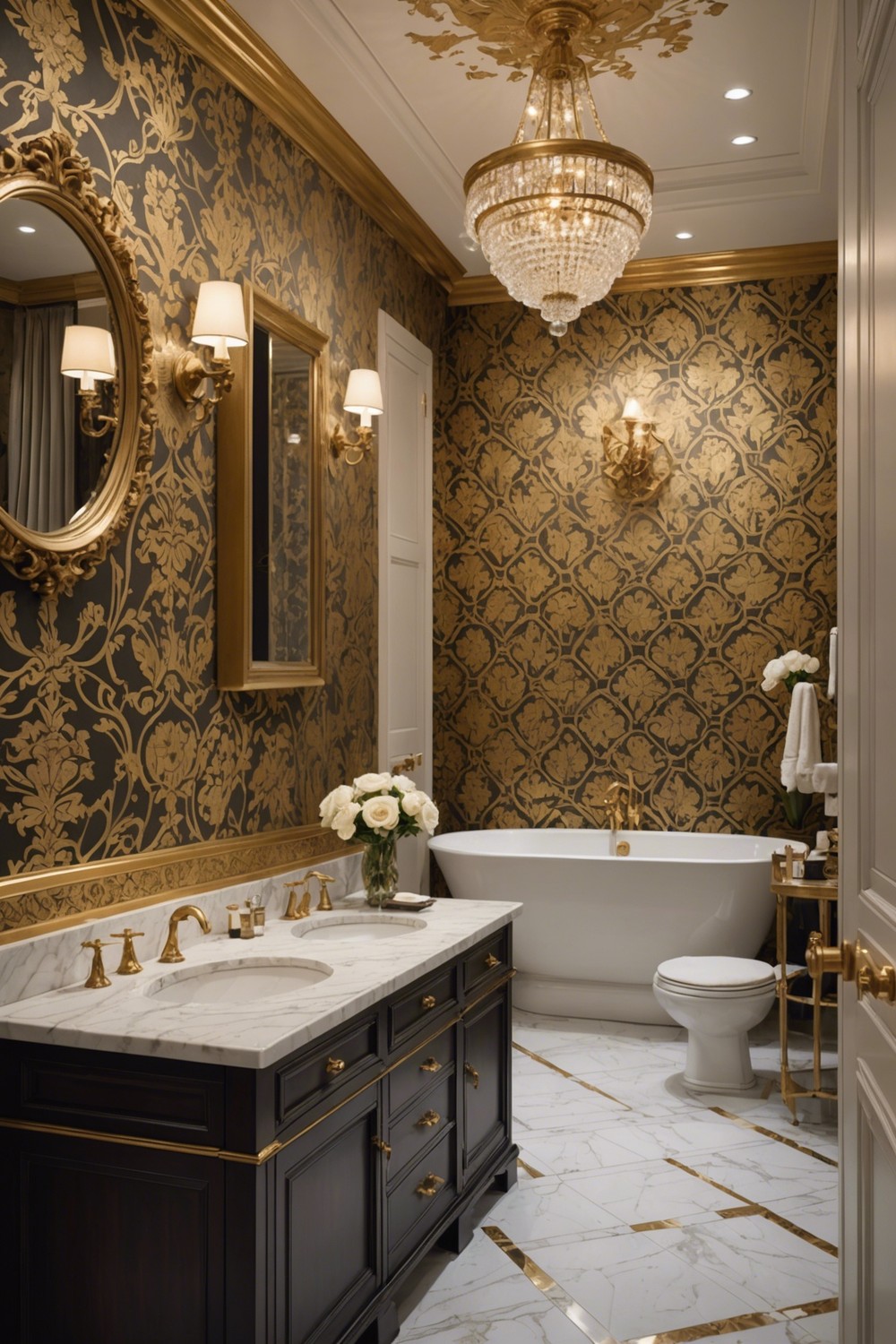 Royal Treatment: Luxury Bathroom Wallpaper Designs with Gold Accents