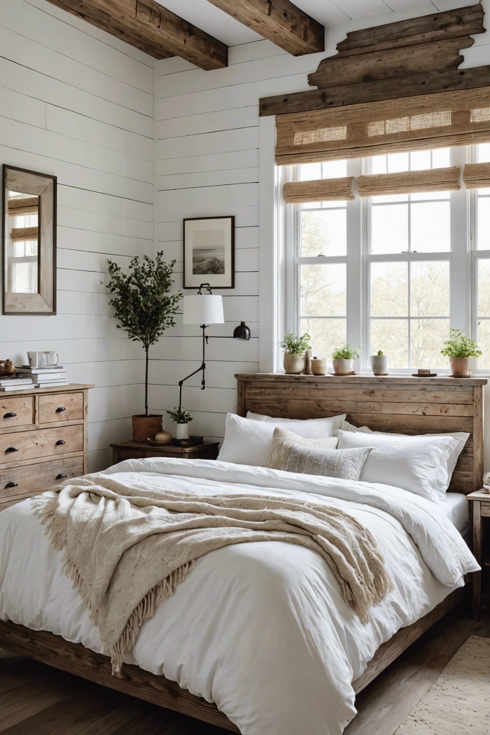 Rustic Charm: White Bedroom with Distressed Wood Accents