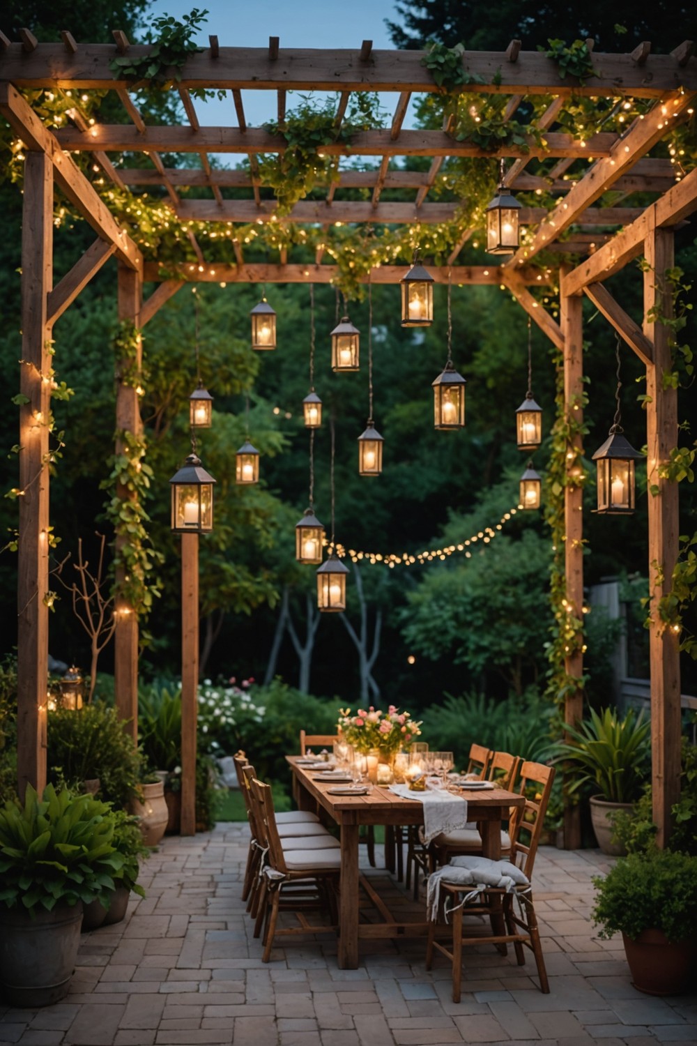 Rustic Pergola with Twinkling Lights