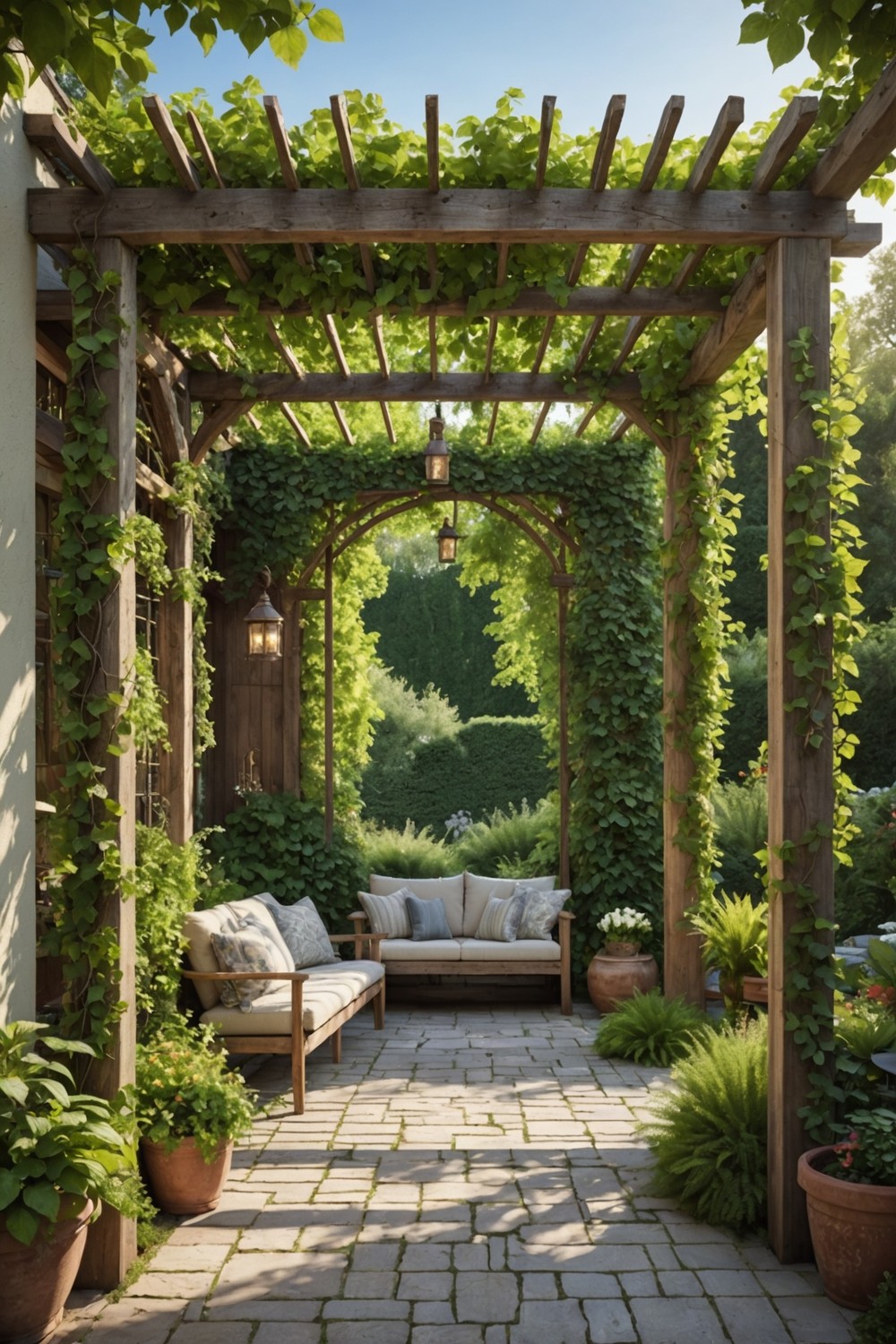 Rustic Wood Pergola with Vine Covered Top