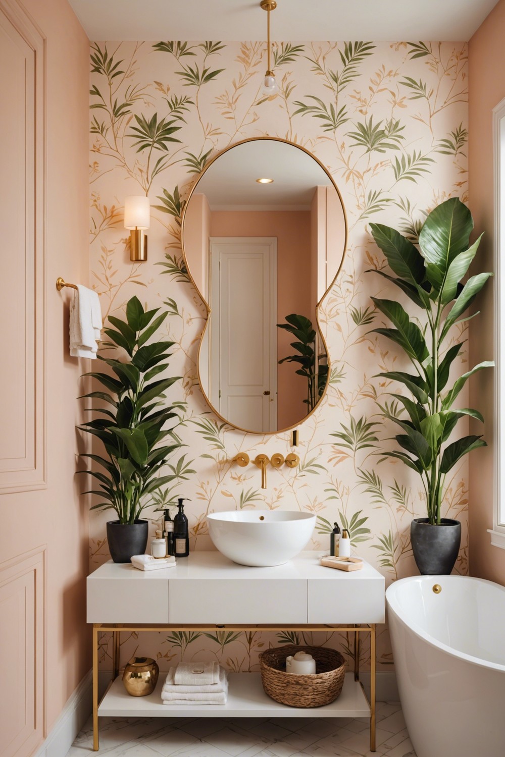 Soft Peach Oasis: Warm and Inviting Bathroom Wallpaper Designs