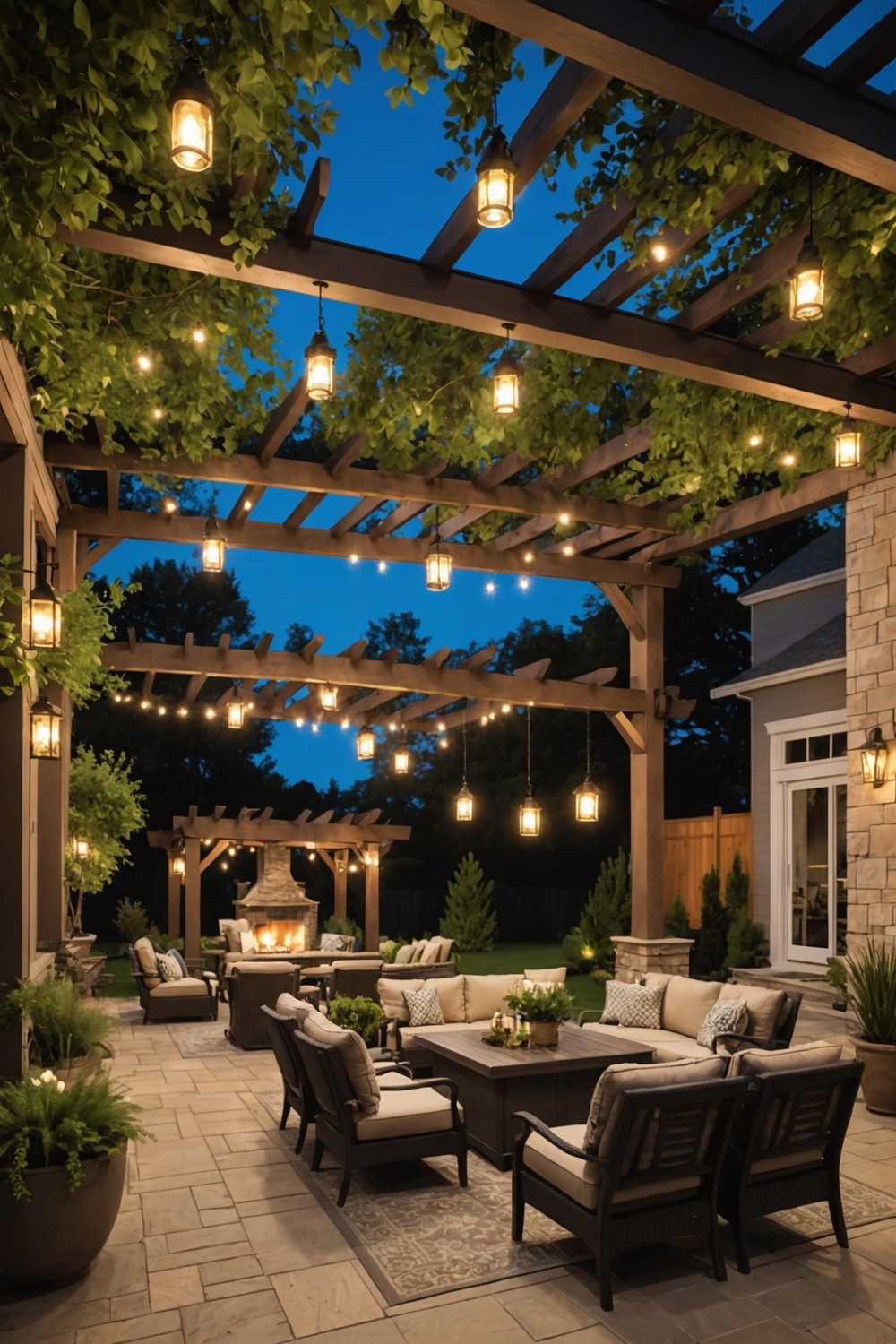 Spacious Pergola with Extended Roof and Lighting