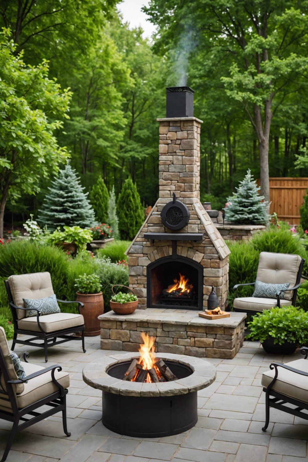Stone-Faced Outdoor Fireplace with Metal Chiminea