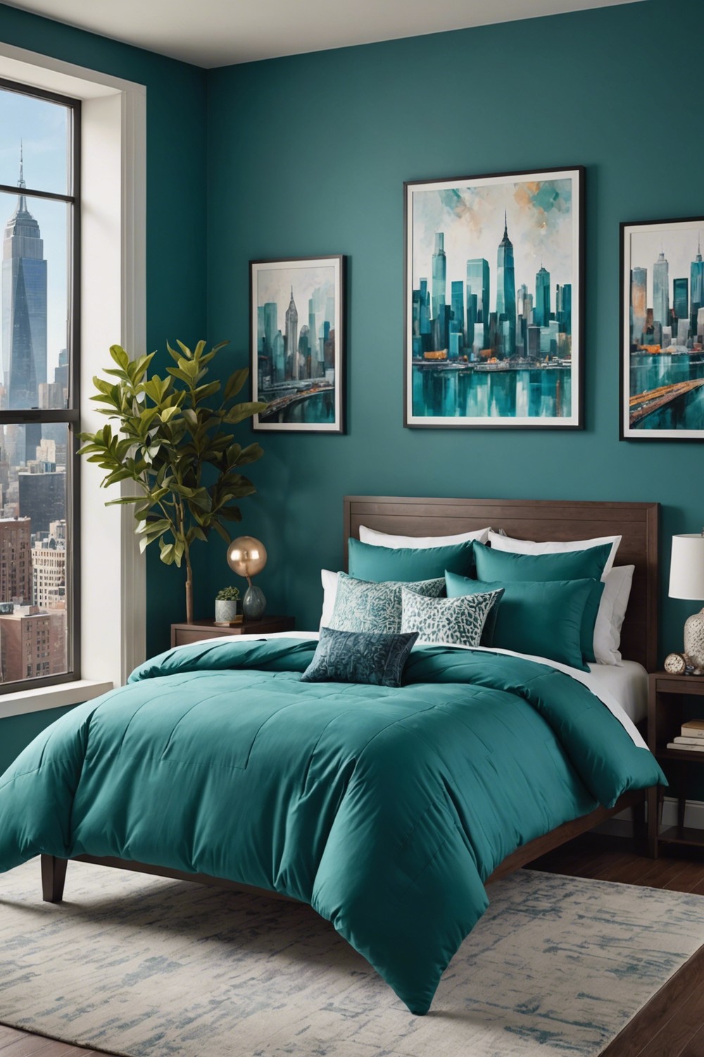Urban Oasis: Teal with City-Inspired Art