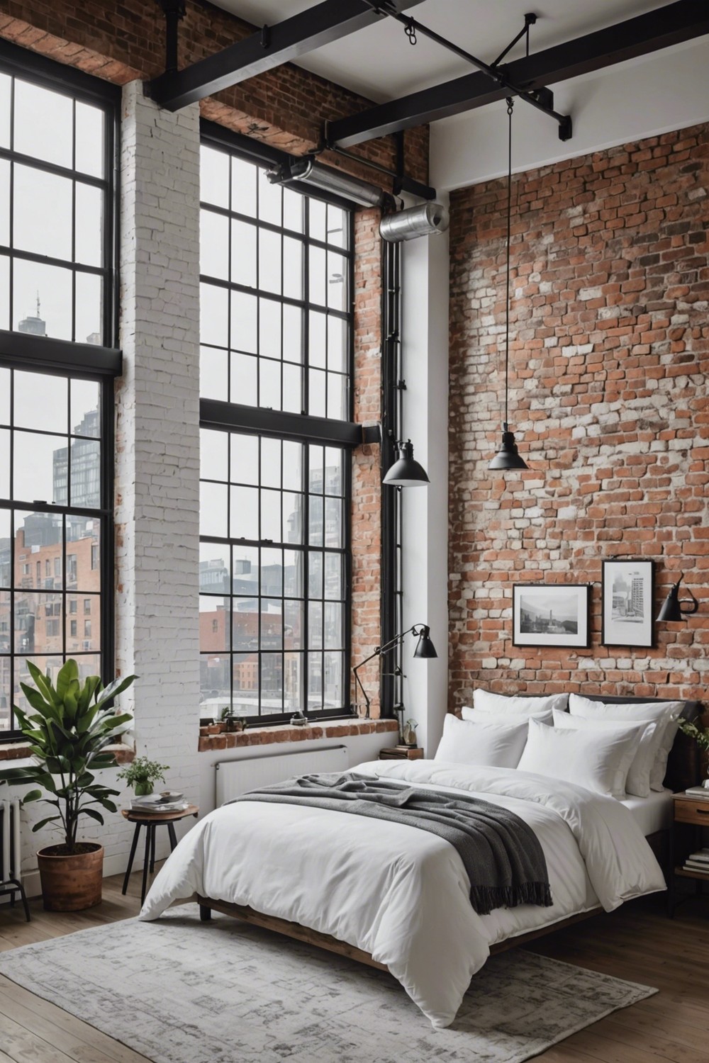 Urban Oasis: White Bedroom with Industrial Accents