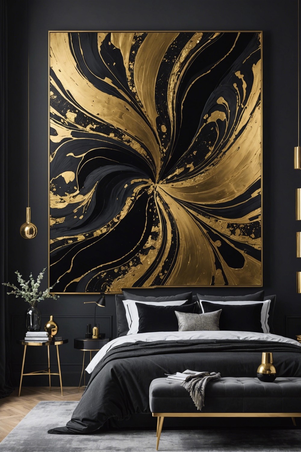 Whimsical Black and Gold Abstract Art