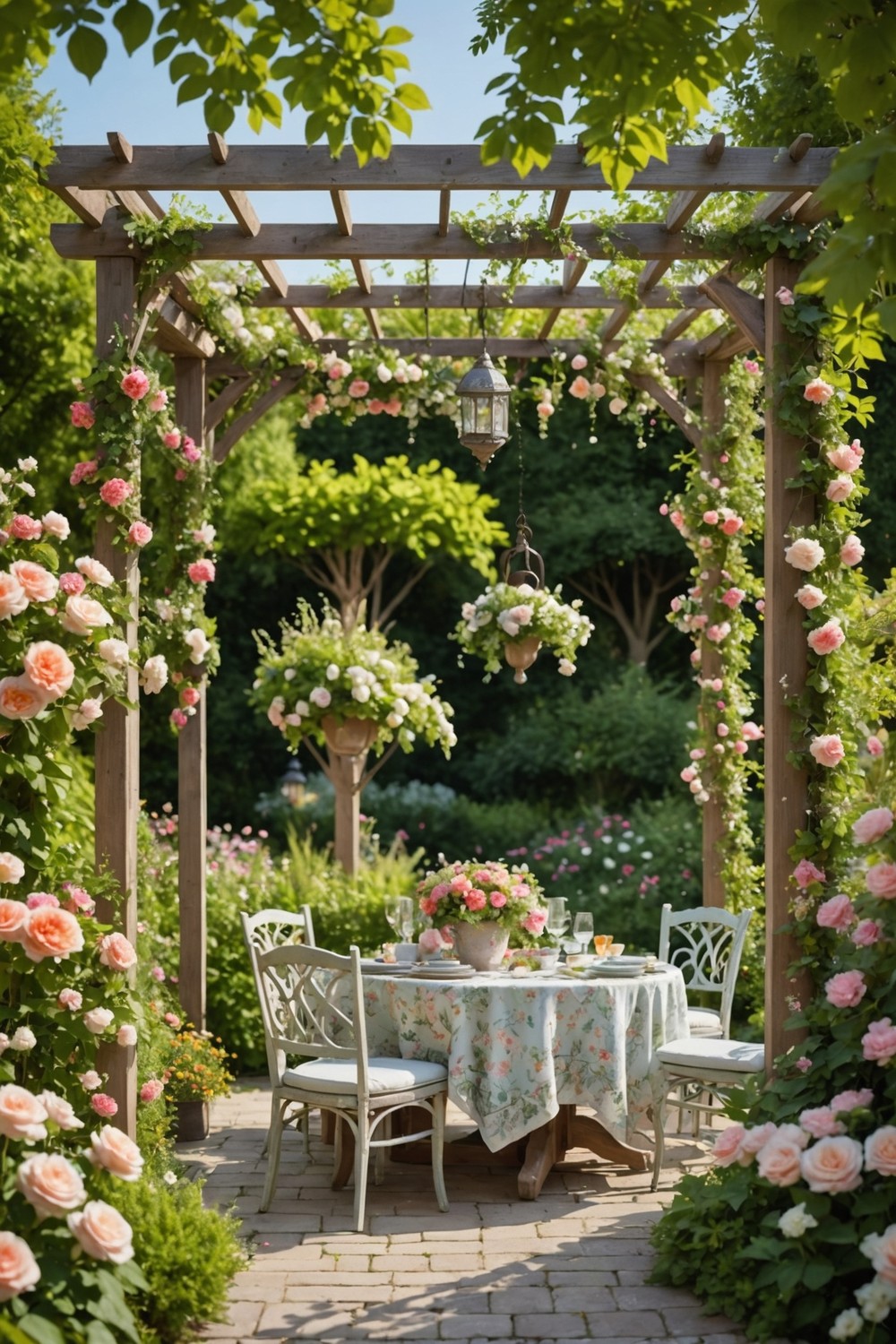 Whimsical Pergola with Floral Patterns and Fabric Shades