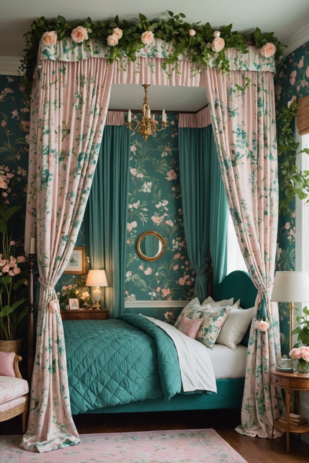 Whimsical Retreat: Teal and Floral Patterns