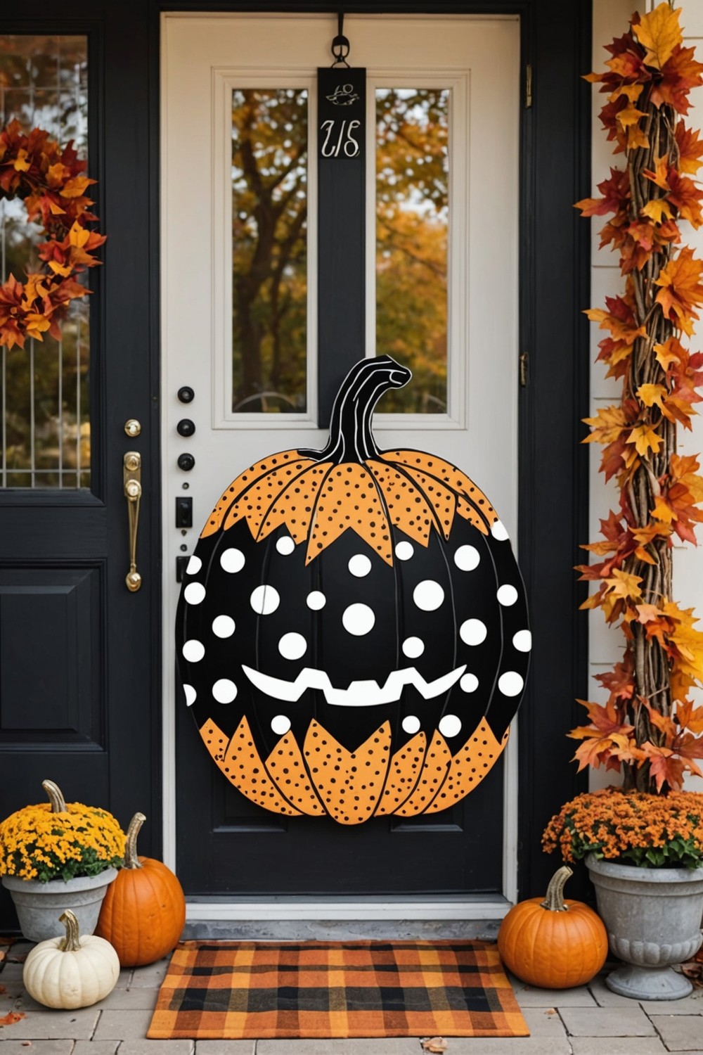 Black and White Polka Dot Pumpkin Door Hanger