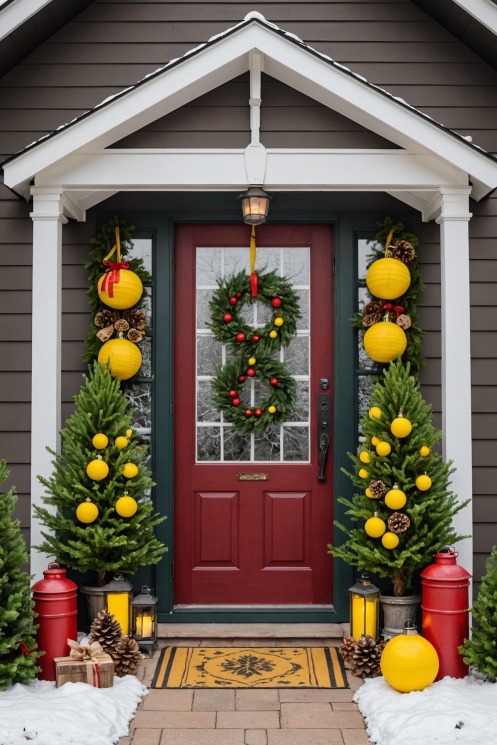 Cheerful Christmas Porch with Yellow and Red Accents