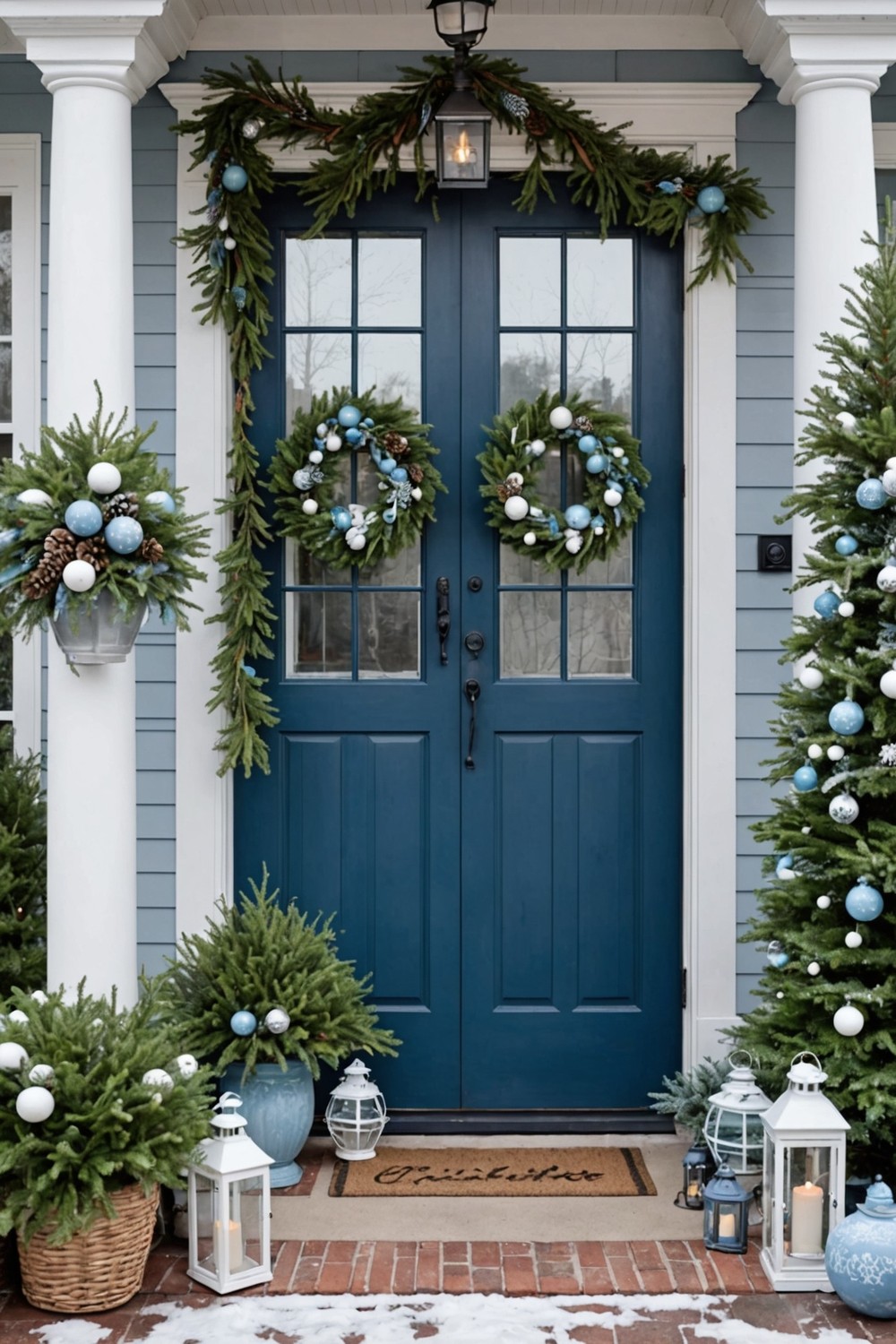 Coastal Christmas Porch with Blues and Whites