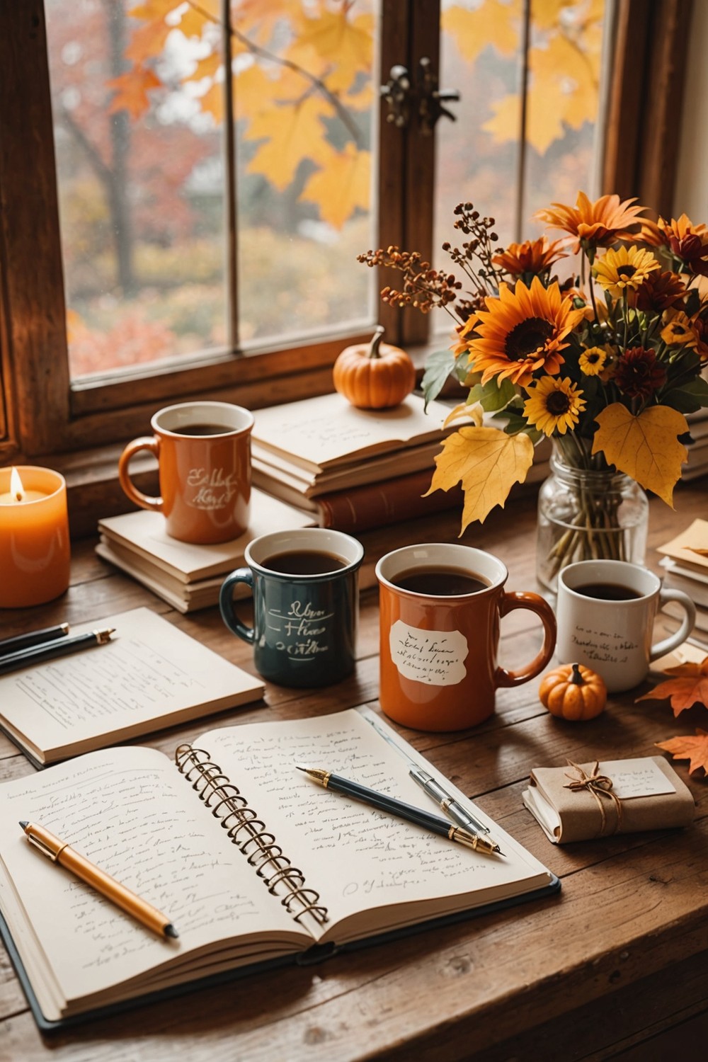 Cozy Desk Decor with Seasonal Mugs and Notes