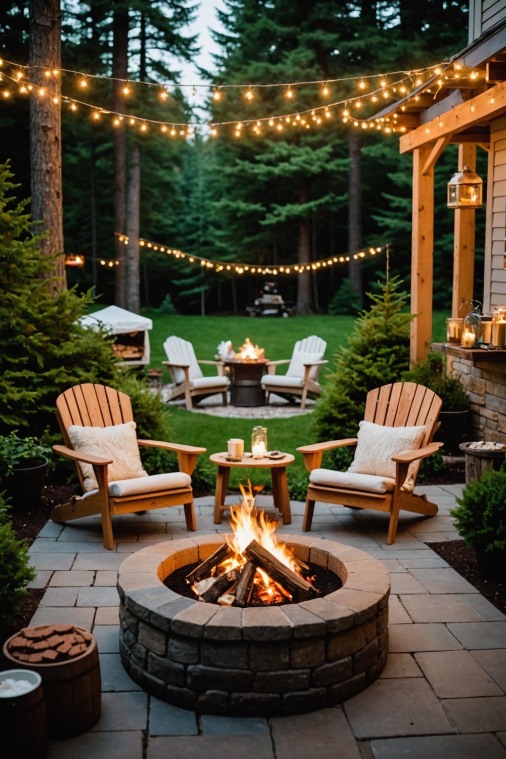 Cozy Fire Pit with Adirondack Chairs and S'mores Station