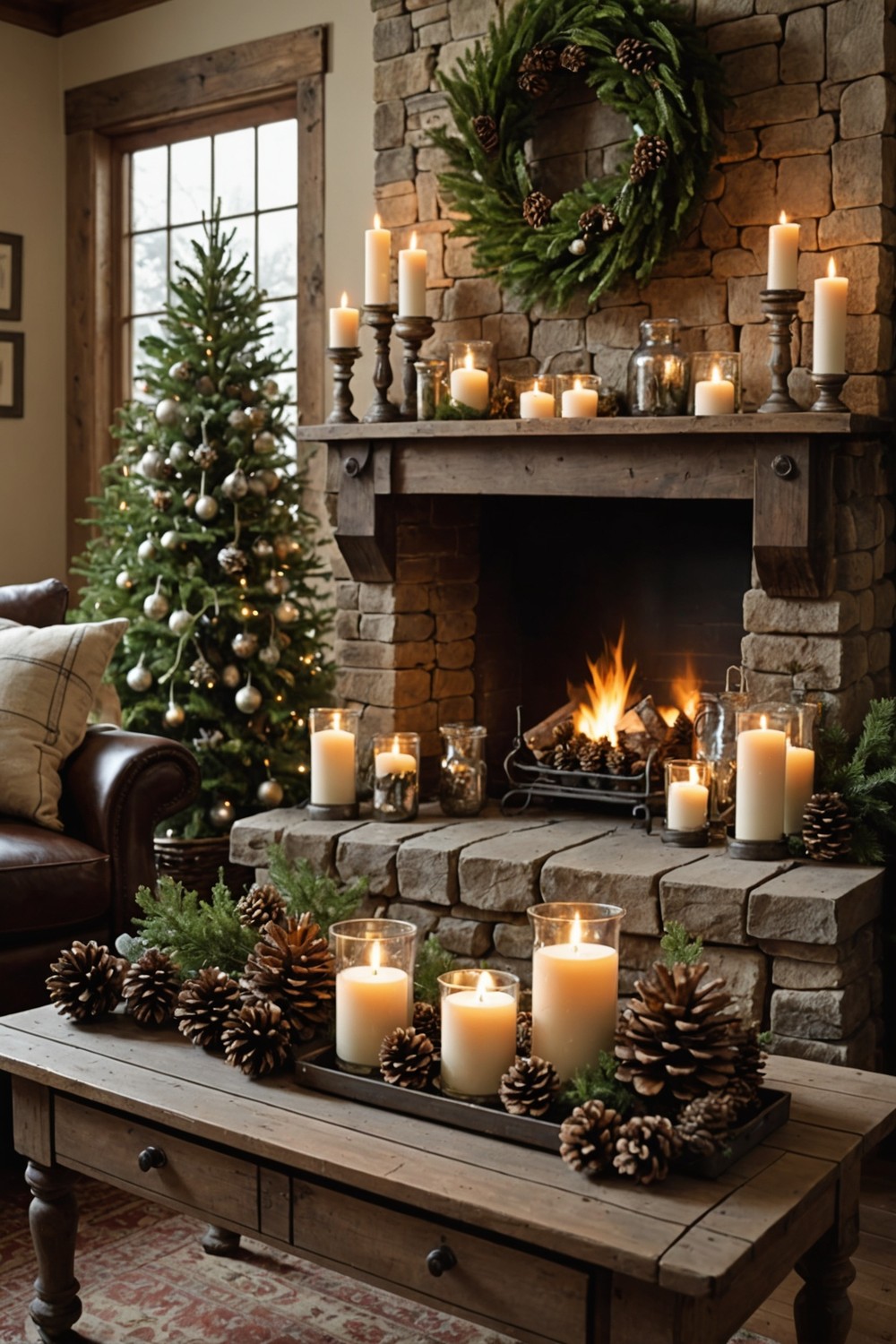 Cozy Fireplace Decor with Pinecones and Candles